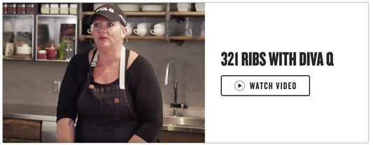 Person in a kitchen setting with text '321 Ribs with Diva Q' and a 'Watch Video' button.
