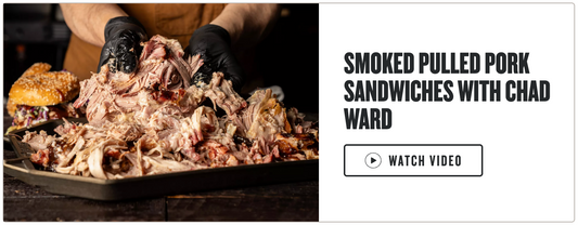 Smoked pulled pork sandwiches with hands in black gloves on a platter, featuring text about Chad Ward and a 'Watch Video' button.