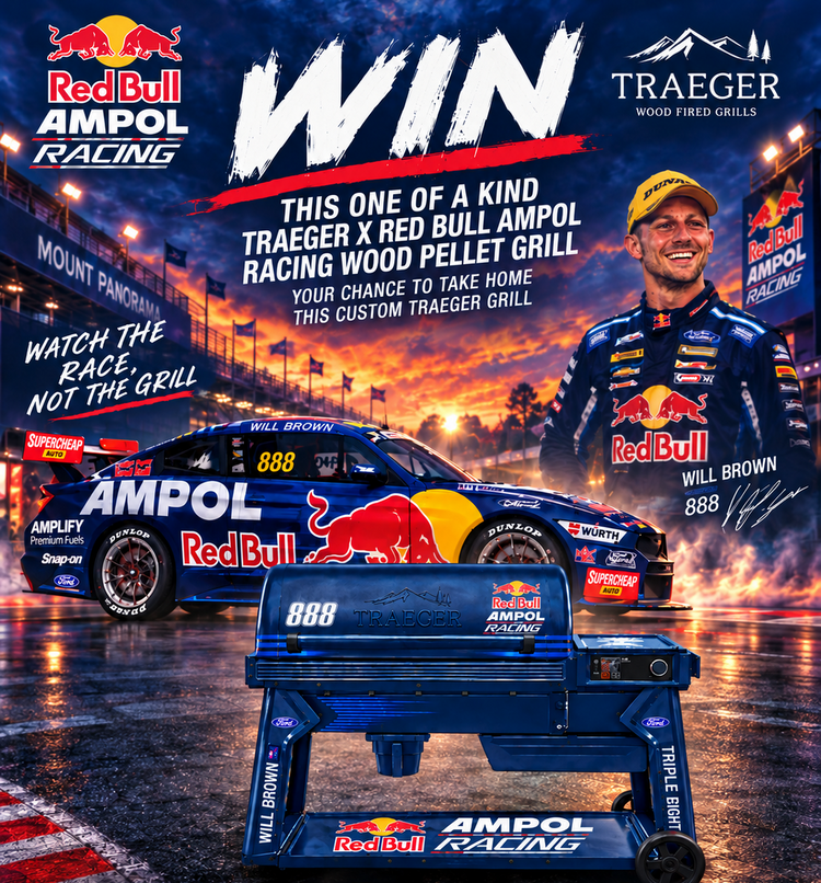 Promotional graphic for a custom Red Bull Racing x Traeger Wood Fired Grills product. The center shows a blue Traeger grill with Red Bull Racing branding, set against a wet racetrack scene with a Red Bull race car and a portrait of driver Will Brown.