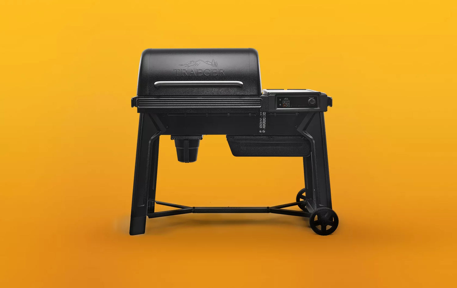 traeger woodridge grill on a yellow background