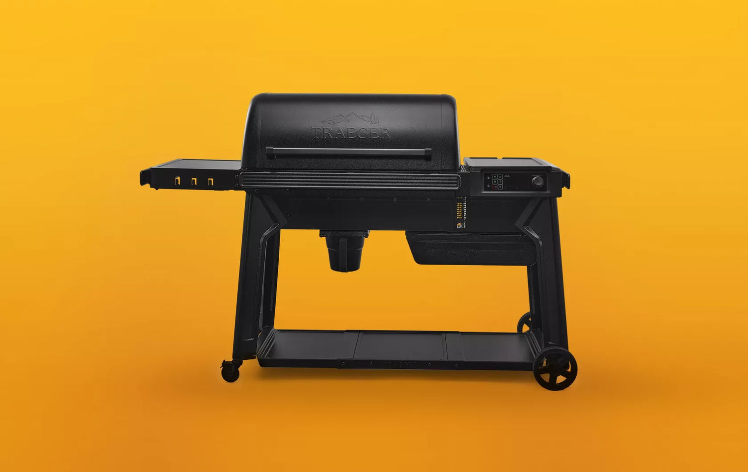 traeger woodridge grill on a yellow background